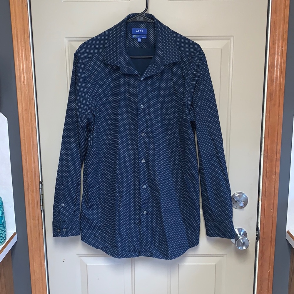 Men’s navy blue w/ white polka dots dress shirt